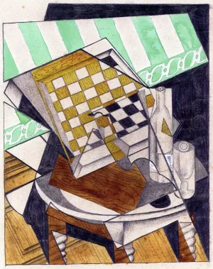 Checkerboard, Bottle and Glass on a Table by Juan Gris Oil Painting Reproduction